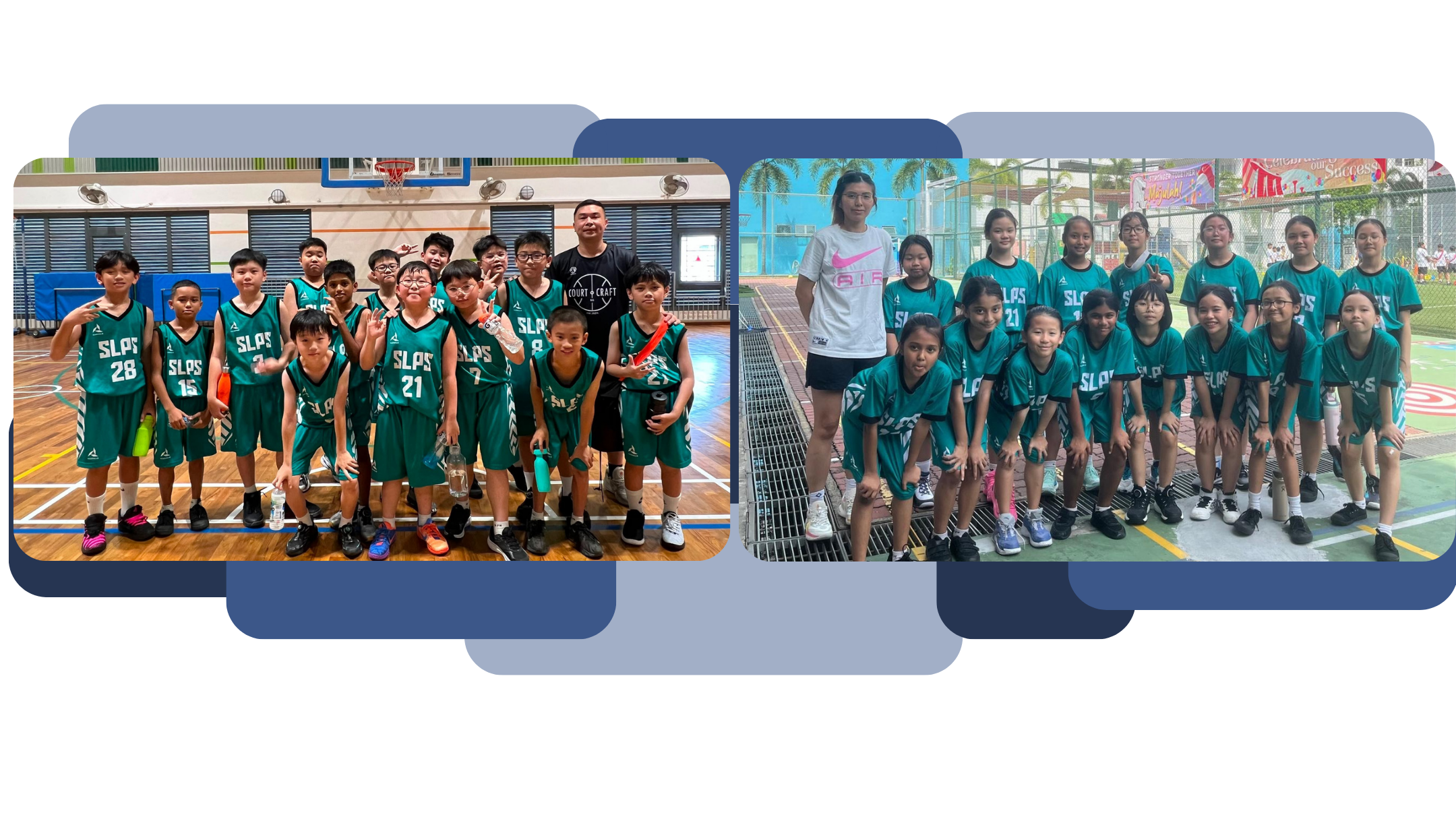 SLPS boys' and girls' basketball teams posing with their coaches in their teal jerseys, indoors and outdoors respectively.